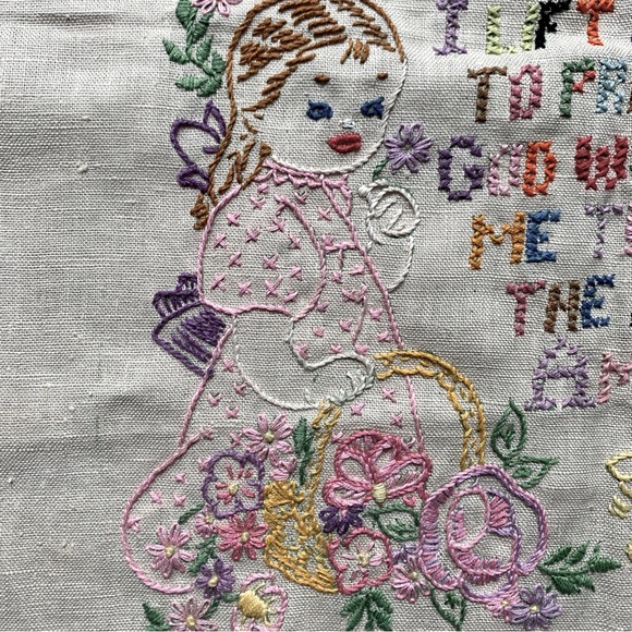 Vintage Childs Prayer Sampler Linen Birds Flowers Boy Girl Baby Nursery - Picture 2 of 6
